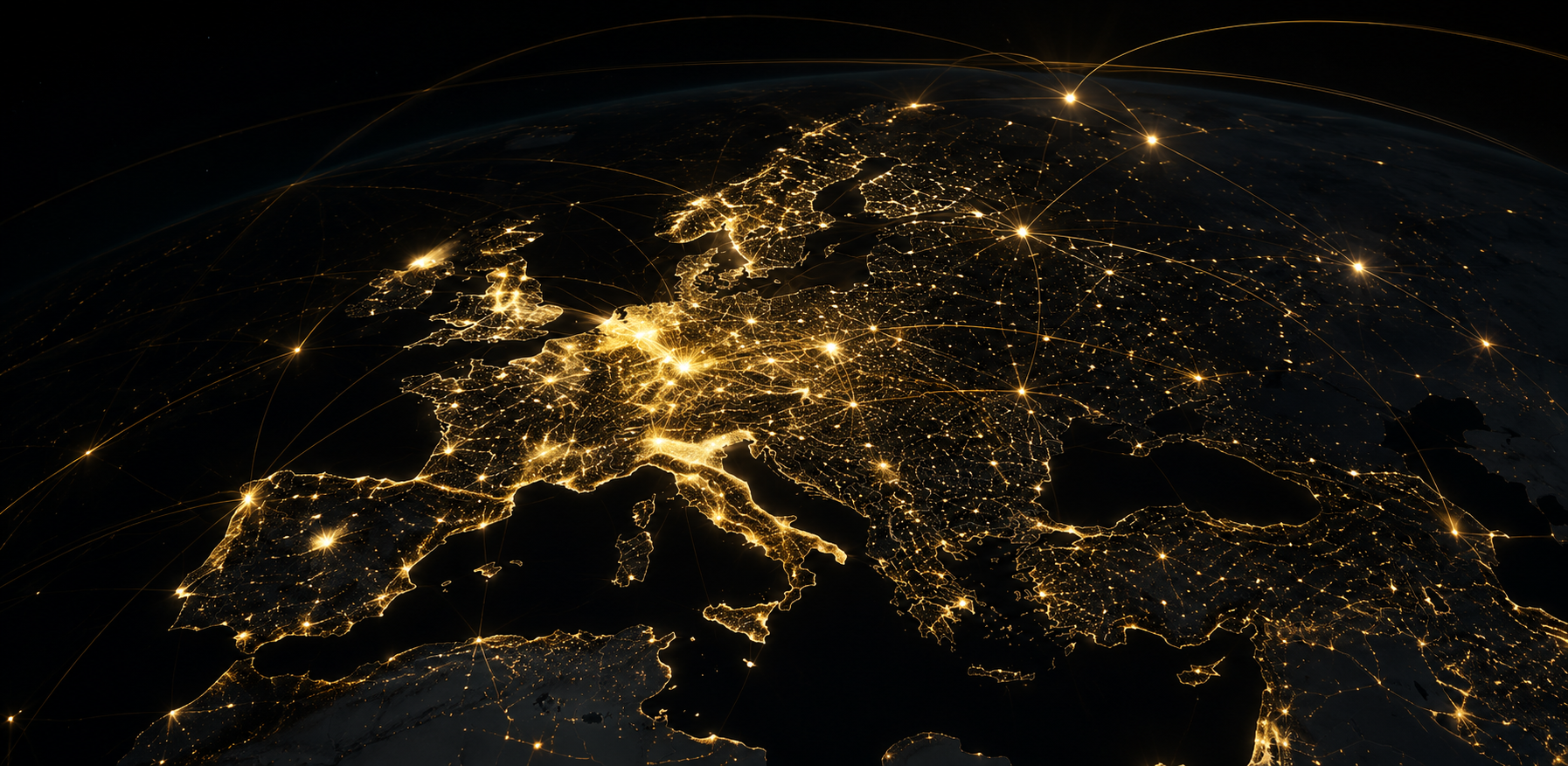 Europe network in gold lights and connected infrastructure lines.